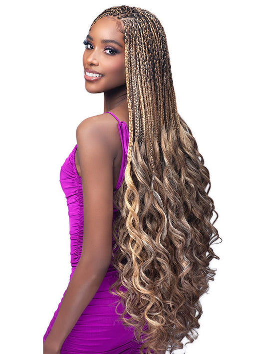 Model Wearing Bobbi Boss 3 x French Curl Braid 28" Left Side View 