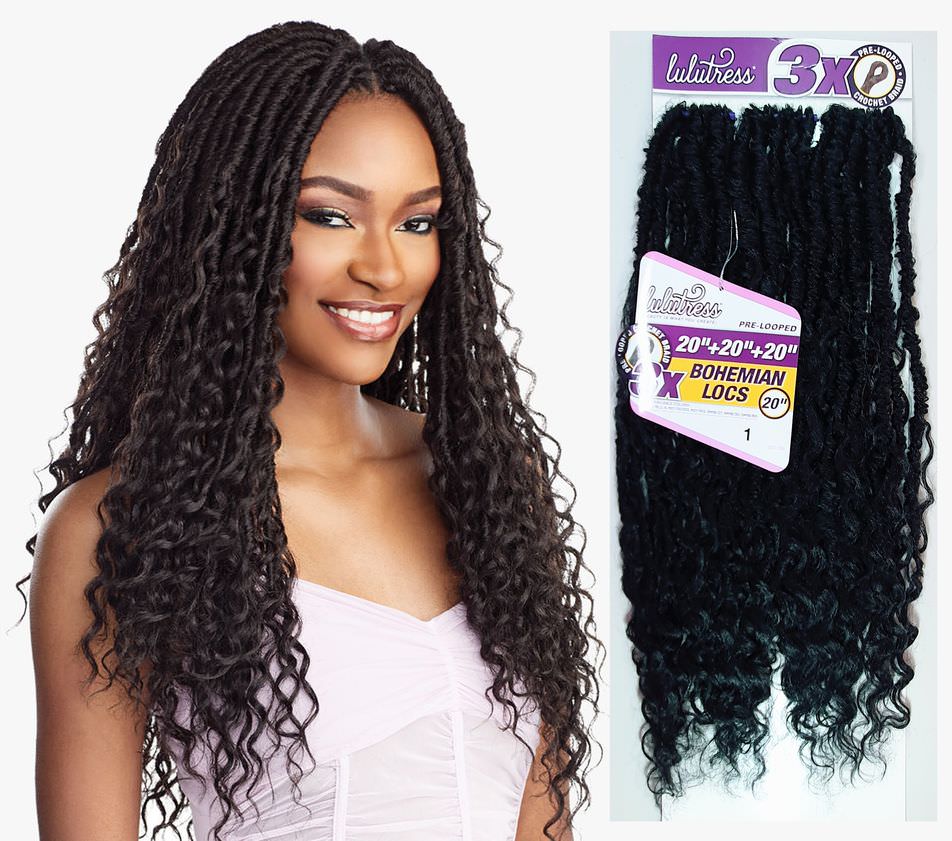 3 x Lulutress Bohemian (Boho) Locs Crochet Hair Extensions 20" Color 1: JET BLACK