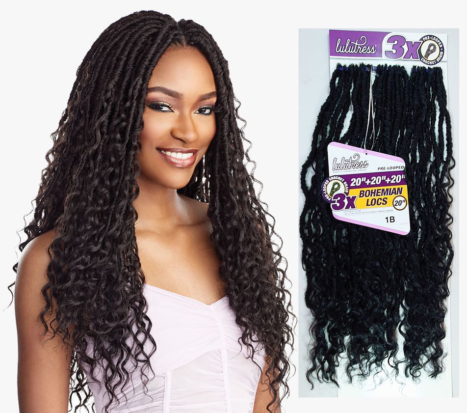 3 x Lulutress Bohemian (Boho) Locs Crochet Hair Extensions 20" Color 1B: BLACK