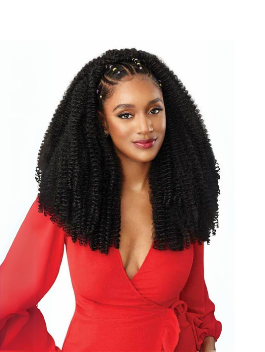 Model wearing Outre Twisted Up 3x Springy Afro Twist 24" Crochet braid