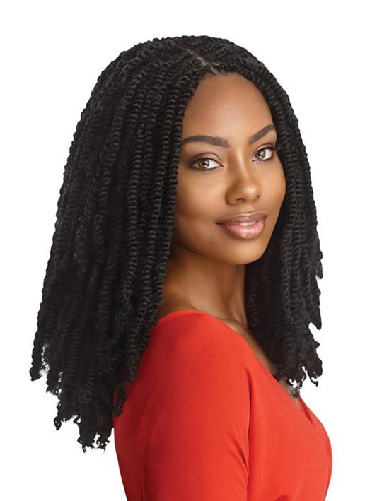 Model wearing Outre Twisted Up 3x Springy Afro Twist 16" Crochet Braid