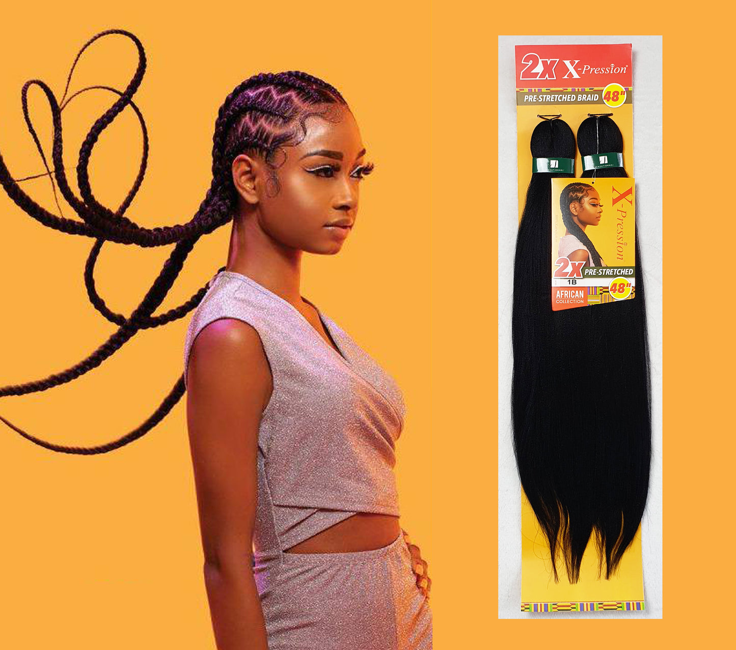 2 x X-Pression Pre-Stretched Braid 48" Color 1B: BLACK