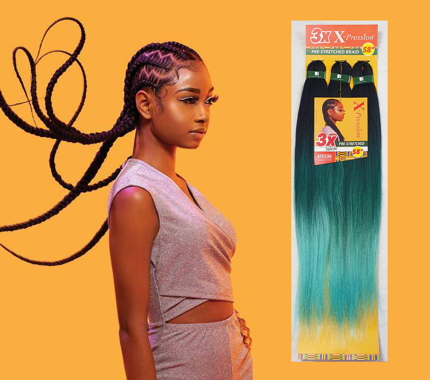 3 x X-Pression Pre-Stretched Braid 58" Color 1B/MINT/LIGHT MINT