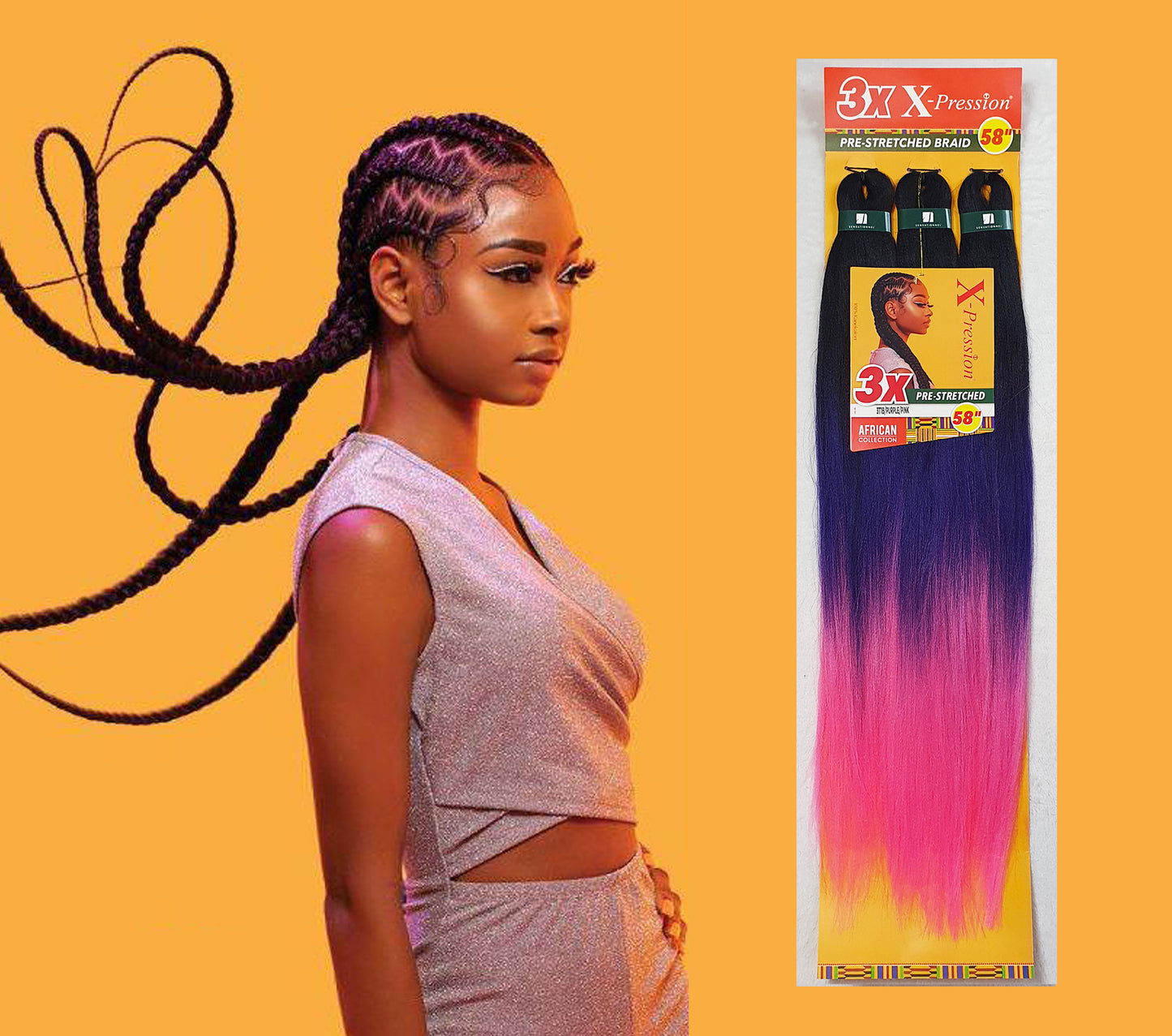 3 x X-Pression Pre-Stretched Braid 58" Color 1B/PURPLE/PINK