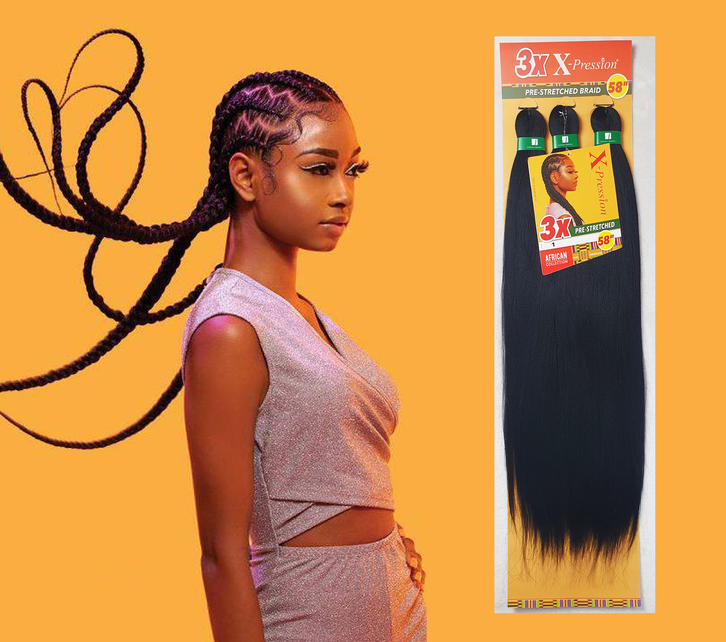 3 x X-Pression Pre-Stretched Braid 58" Color 1 DEEP BLACK