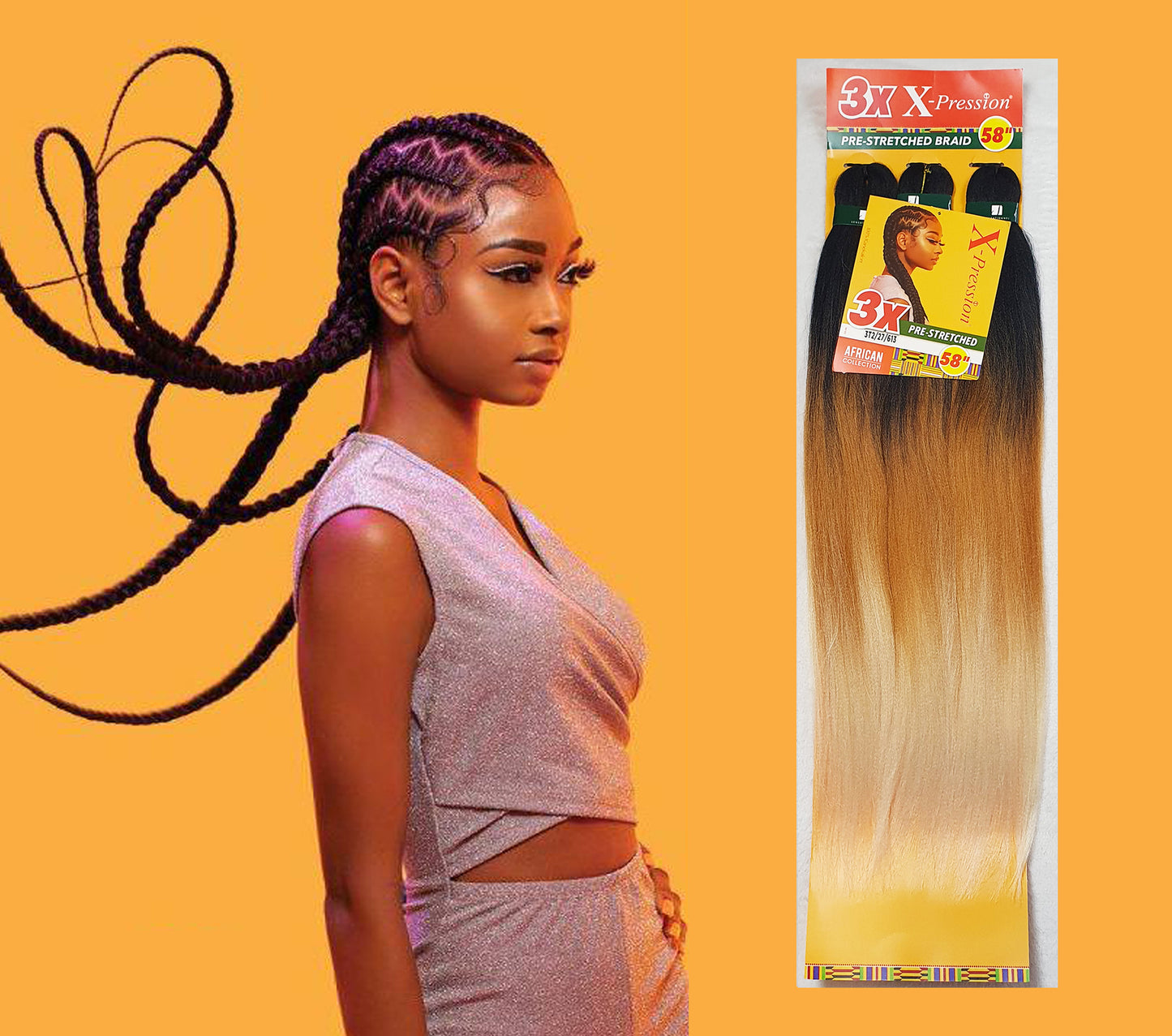 3 x X-Pression Pre-Stretched Braid 58" Color 2/27/613: BROWN/BLONDE/LIGHT BLONDE