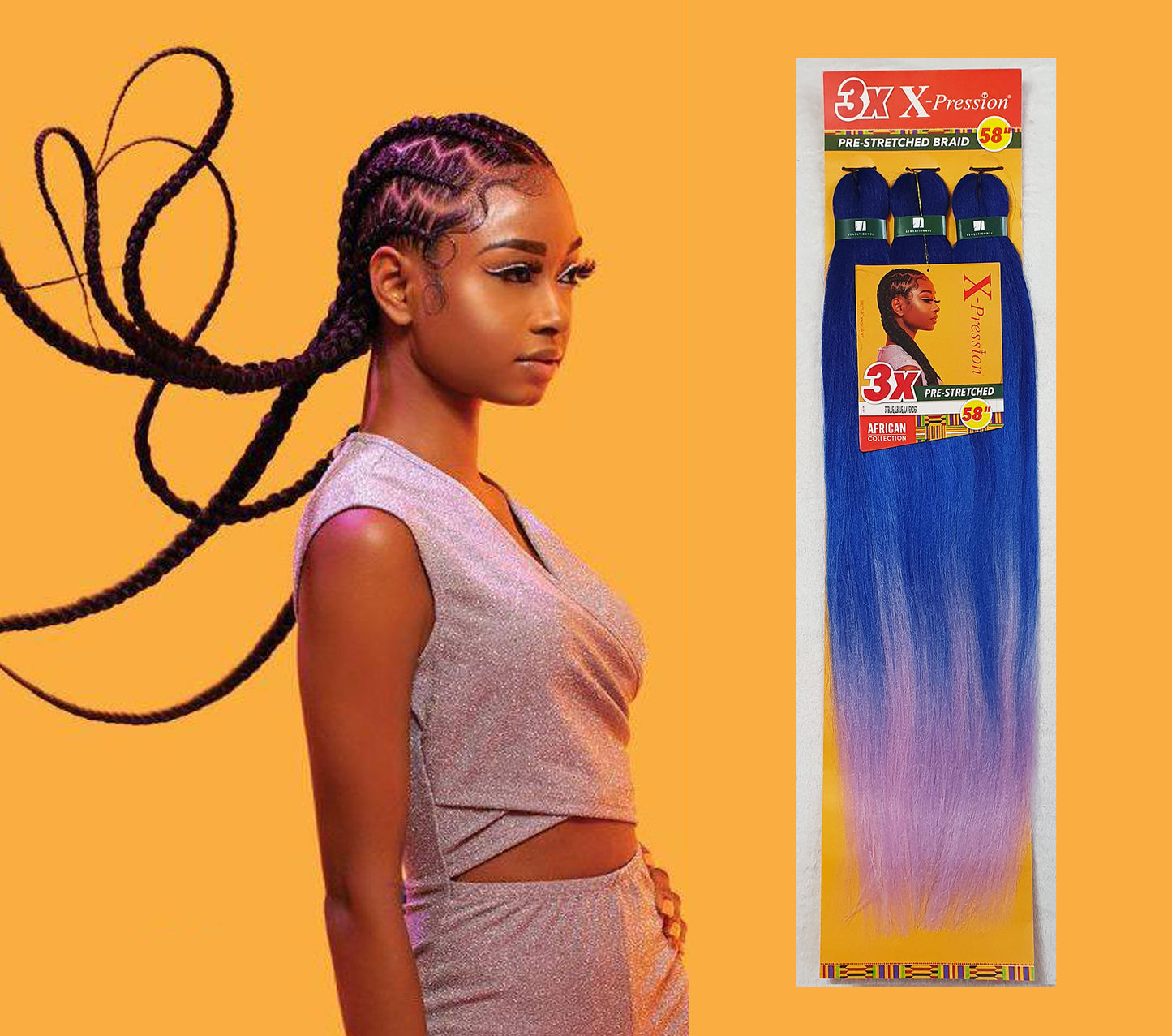 3 x X-Pression Pre-Stretched Braid 58" Color BLUE/LIGHT BLUE/LAVENDER