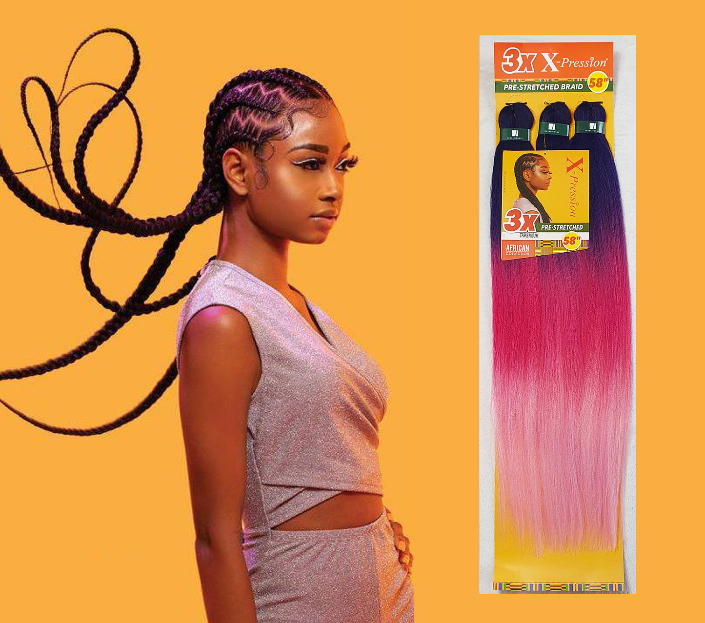 3 x X-Pression Pre-Stretched Braid 58" Color PURPLE/PINK/LIGHT PINK