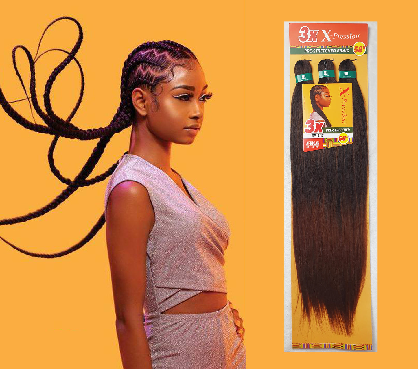 3 x X-Pression Pre-Stretched Braid 58" Color SM1B/30 BLACK/ AUBURN MIX