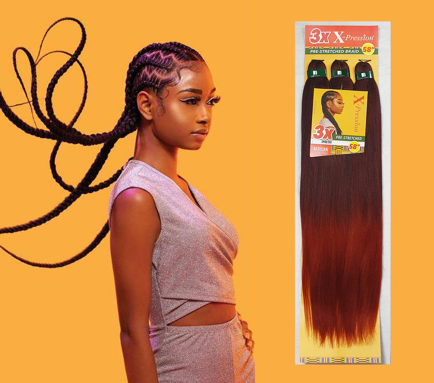 3 x X-Pression Pre-Stretched Braid 58" Color 1B/350: BLACK/ COPPER RED