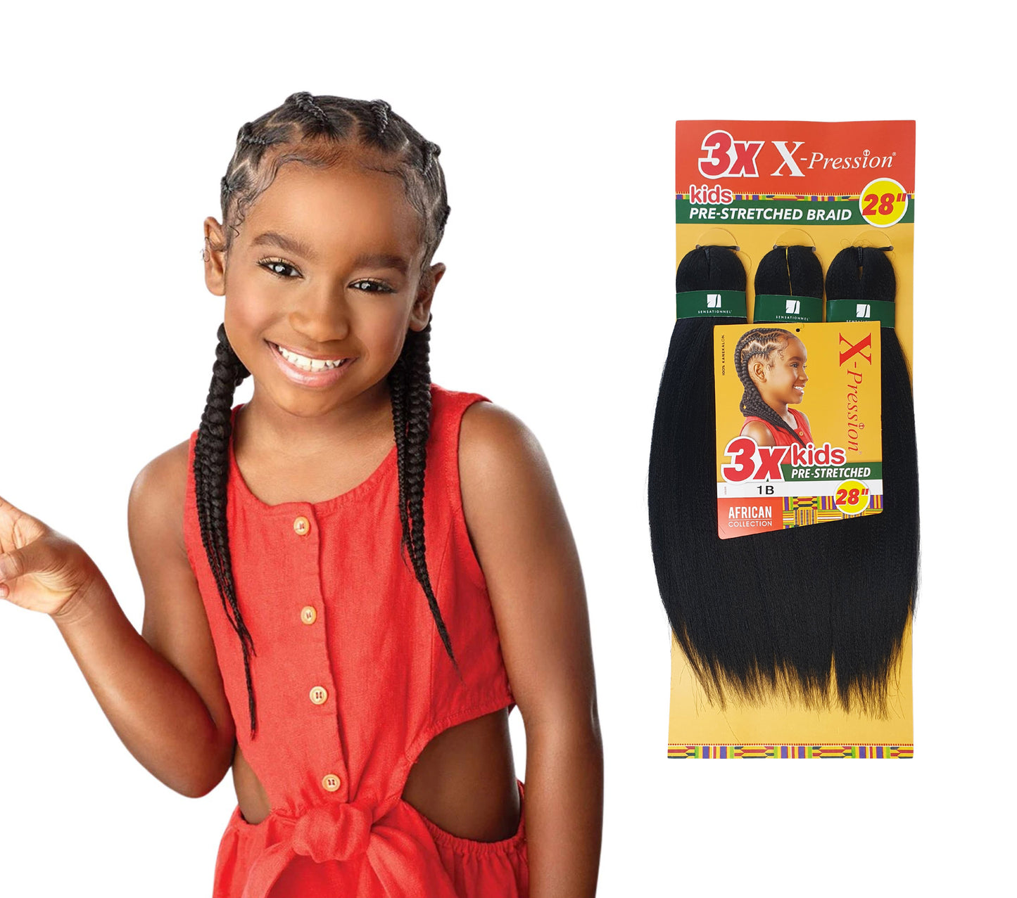 3 x X-Pression Kids Pre-Stretched Braid 28" Colour 1B Black