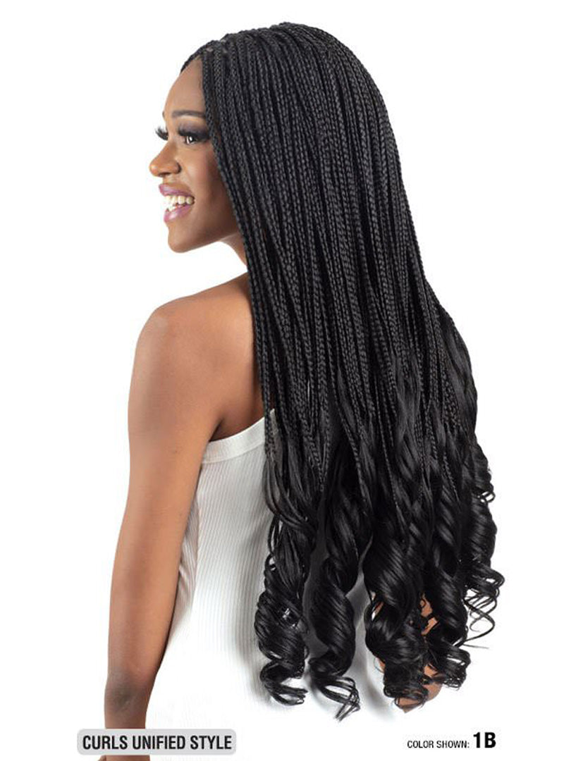 Model wearing Freetress Braid 3x French Curl 22" braid Color 1B back view curls unified style