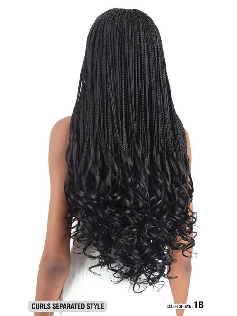 Model wearing Freetress Braid 3x French Curl 22" braid Color 1B back view curls separated style