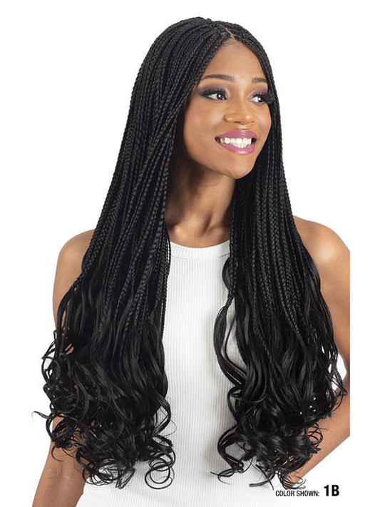 Model wearing Freetress Braid 3x French Curl 22" braid Color 1B front view 
