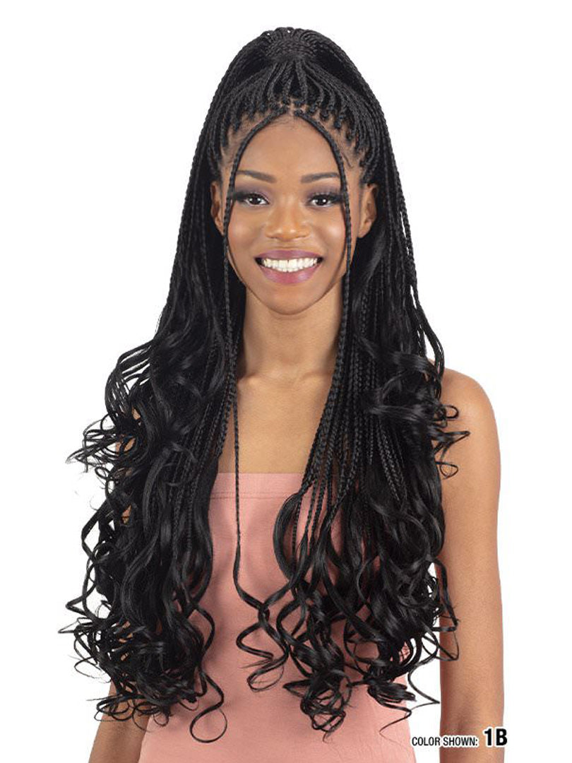 Model wearing Freetress Braid 3x French Curl 22" braid Color 1B front view half-up half-down style