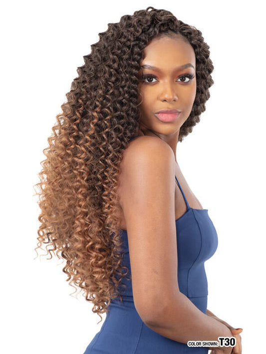 Model wearing Freetress 3x Shirley Curl 18" Crochet Hair Extensions Color T30 right side view