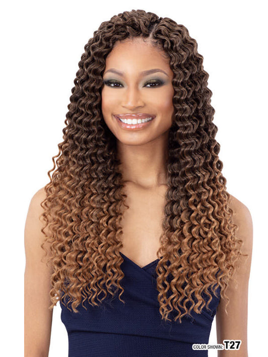 Model wearing Freetress 3x Summer Deep 18"  Crochet Hair Extensions Color T27 front view 