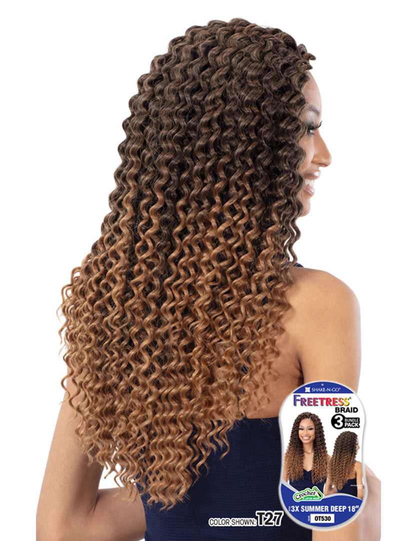 Model wearing Freetress 3x Summer Deep 18"  Crochet Hair Extensions Color T27 back view 