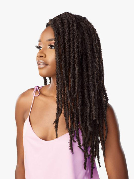 Model wearing 2 x Lulutress Butterfly Locs Crochet Hair Extensions 18" front left view 