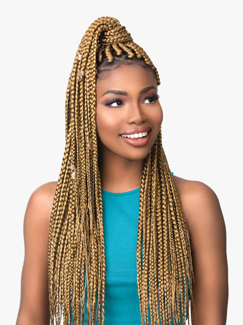 Model wearing RUWA Pre-Stretched Braid 18" in Blonde (27) front view