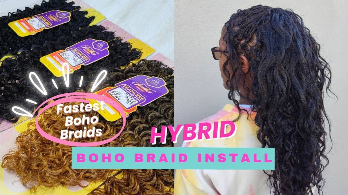 Load video: Hybrid Boho Install Featuring Outre Purple Pack Hawaiian Feather Crochet