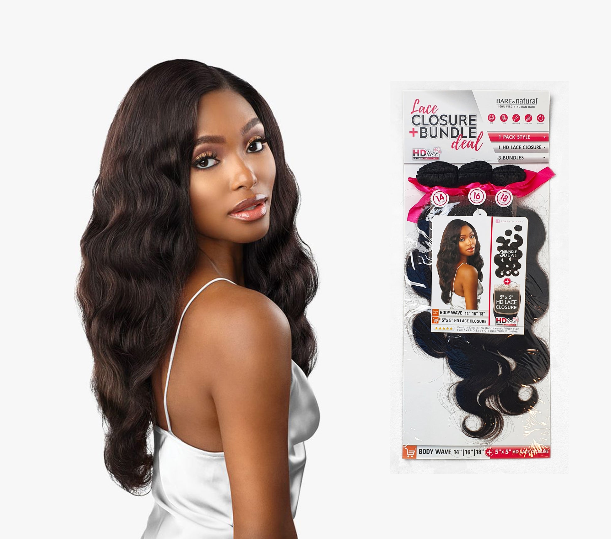 Bare & Natural Human Hair 5 x 5 HD Lace Closure + Bundle Deal- Body Wave 14" 6" 18" Colour Natural