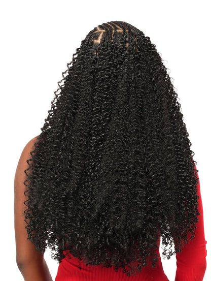 Model wearing Bijoux Feather Line Human Hair Blend (Miracle Knots) Feather Crochet Dominican Pixie Burmese 4A - Back View
