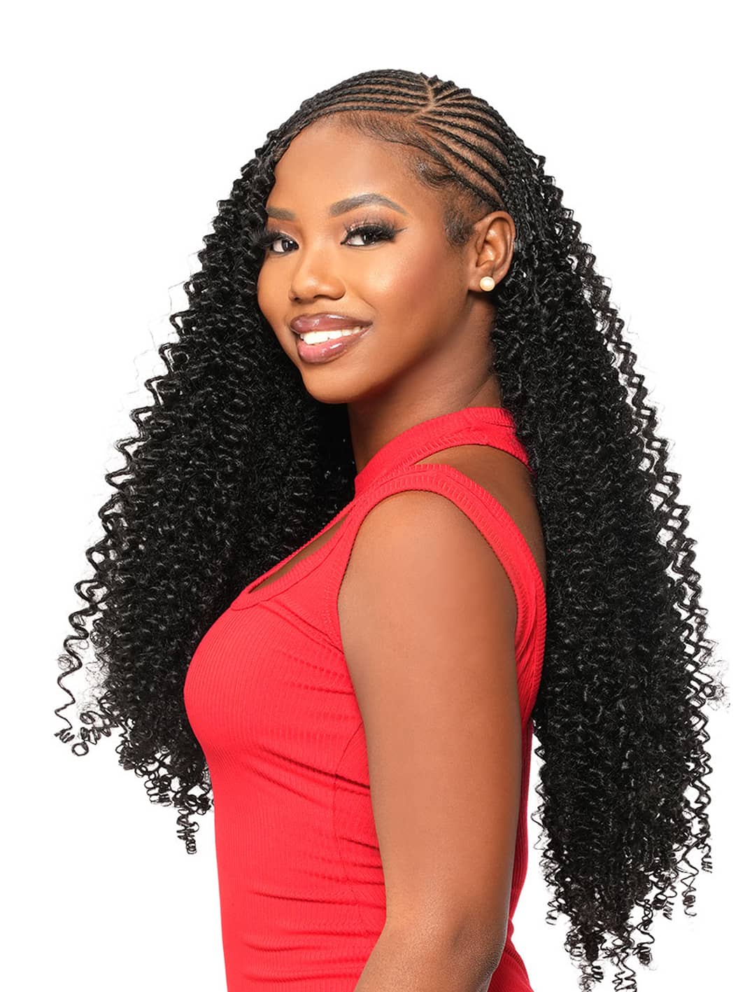 Model wearing Bijoux Feather Line Human Hair Blend (Miracle Knots) Feather Crochet Dominican Pixie Burmese 4A Main Product Image - Side View