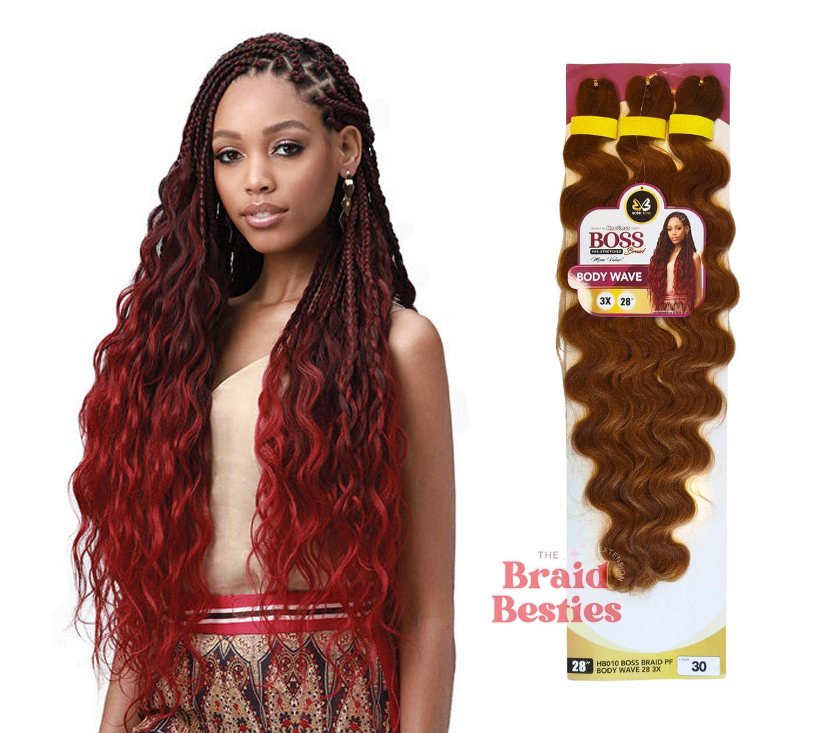 Boss Braid King Tips Body Wave 28" - Pre-Stretched Braiding Hair - 3 Bundles