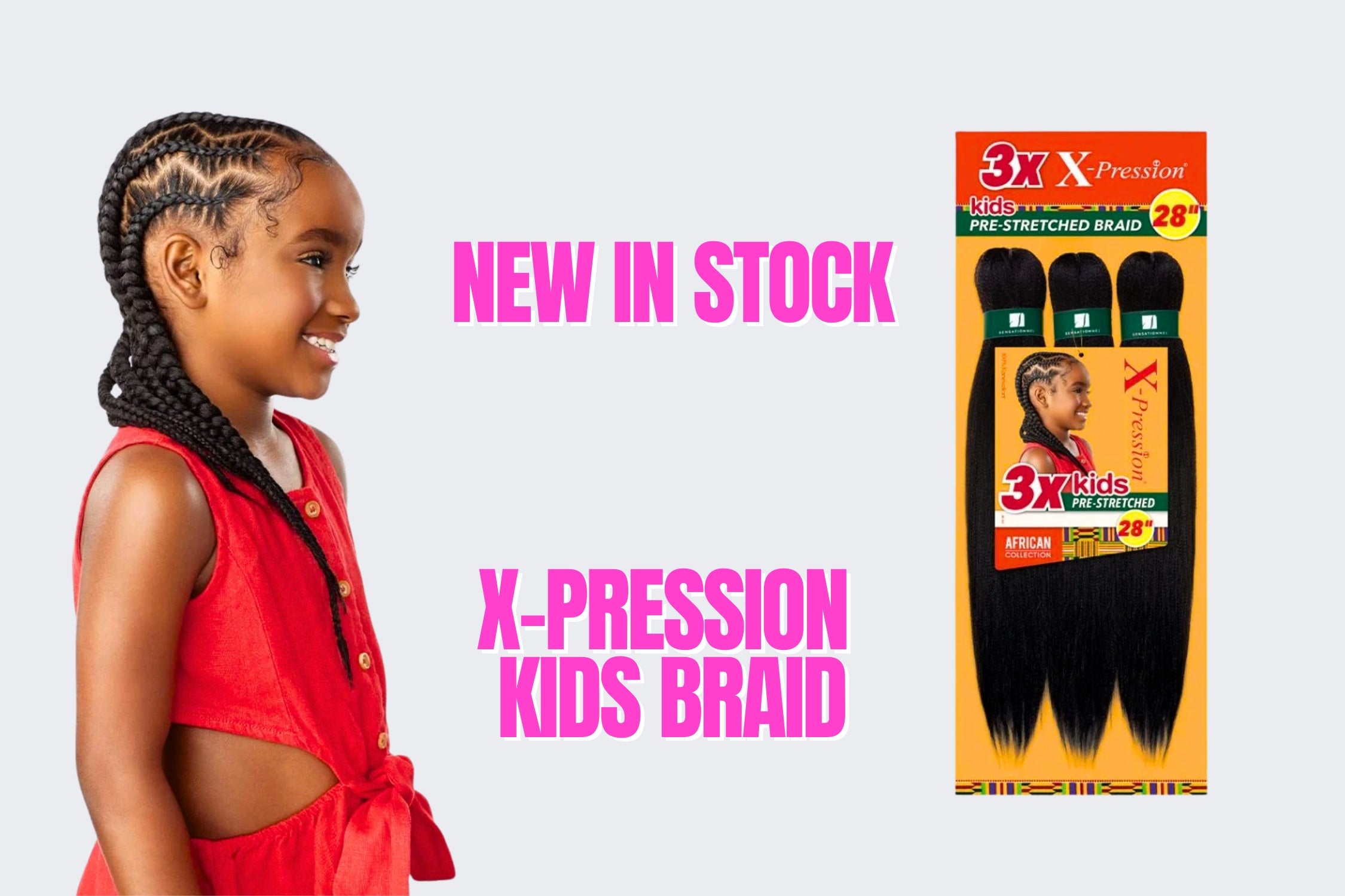 Child with braided hair and X-Pression Kids Braid packaging on a white background
