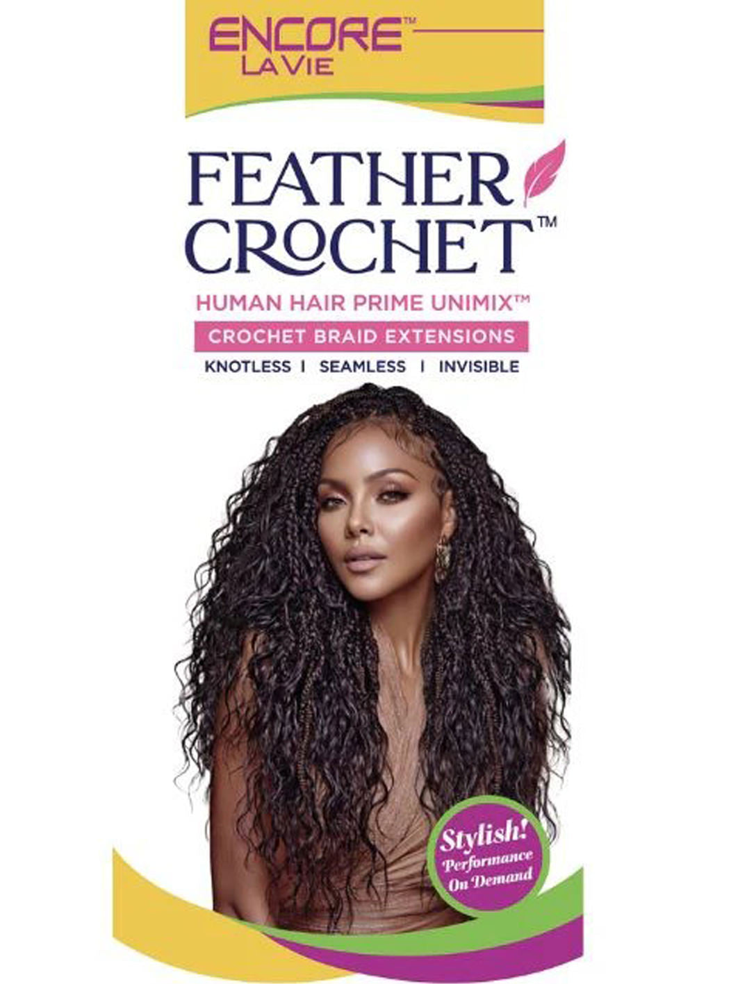 Package of Encore La Vie Feather Crochet hair extensions with a model wearing the product.
