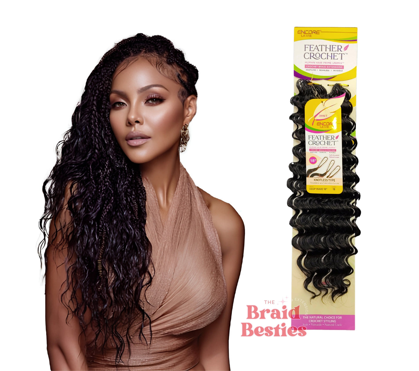 Janet - Encore La Vie - Human Hair Blend (Miracle Knots) Feather Crochet - Deep Wave 18" Colour 1B: BLACK