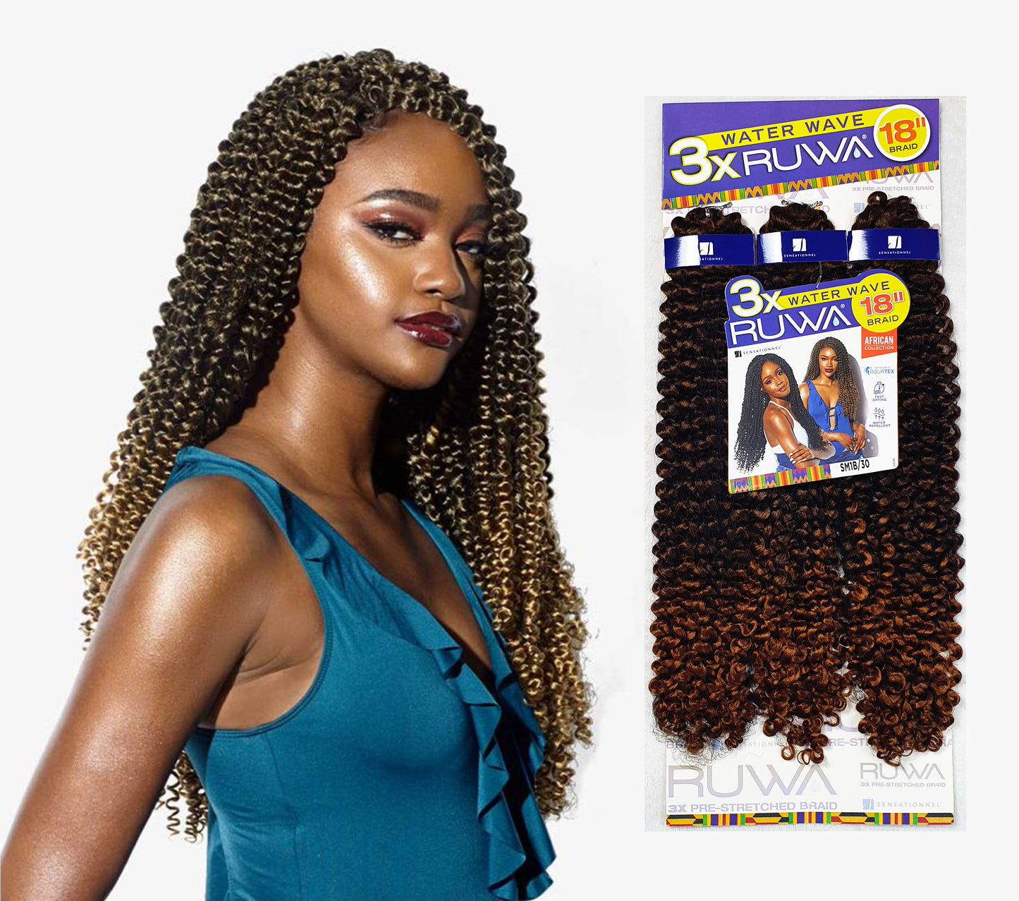 3 x RUWA Water Wave 18" Crochet Braid Colour 1B/30 BLACK/AUBURN