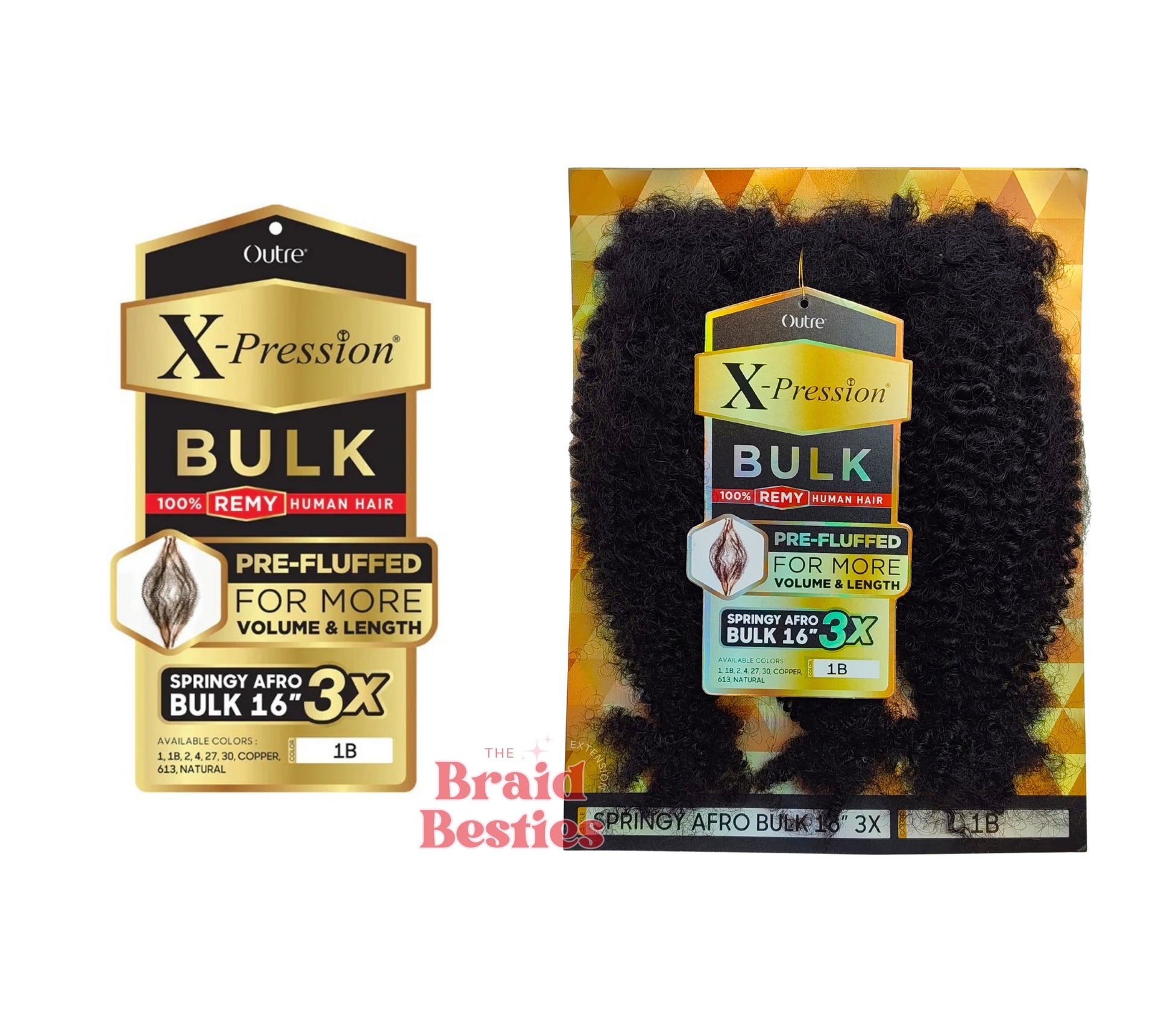 Outre X-Pression Springy Afro Bulk 16"- 100% Human Hair - Marley Crochet Braid - Colour 1B: BLACK