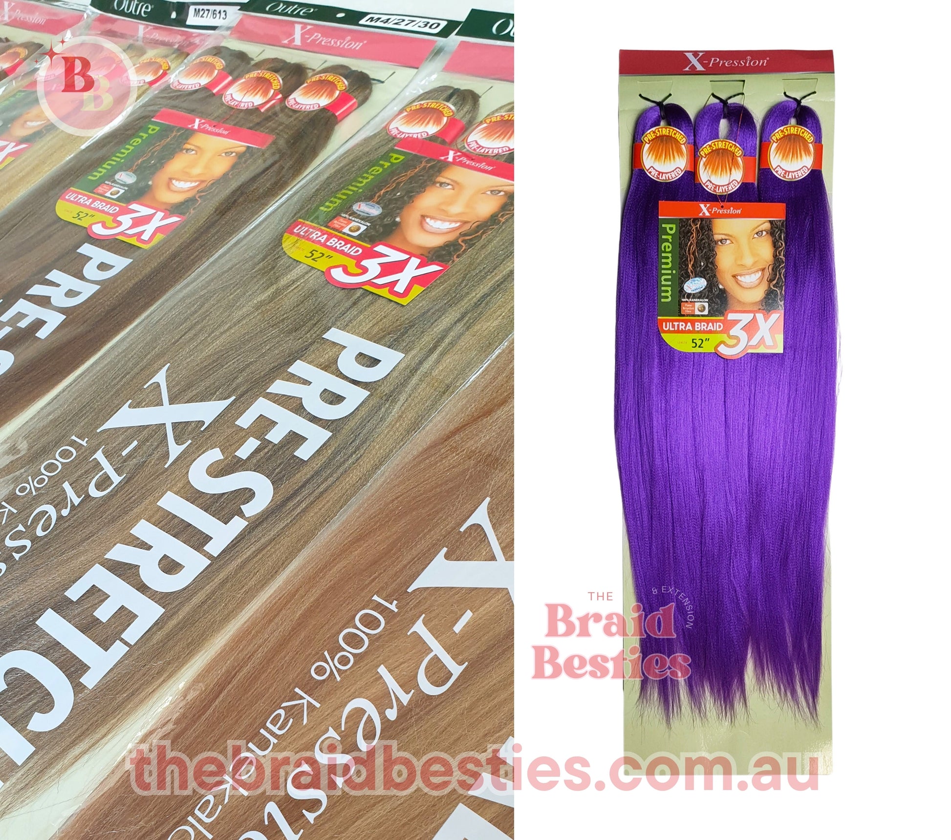3 x Outre X-Pression Pre-Stretched Braid 52" Colour PURPLE RAIN