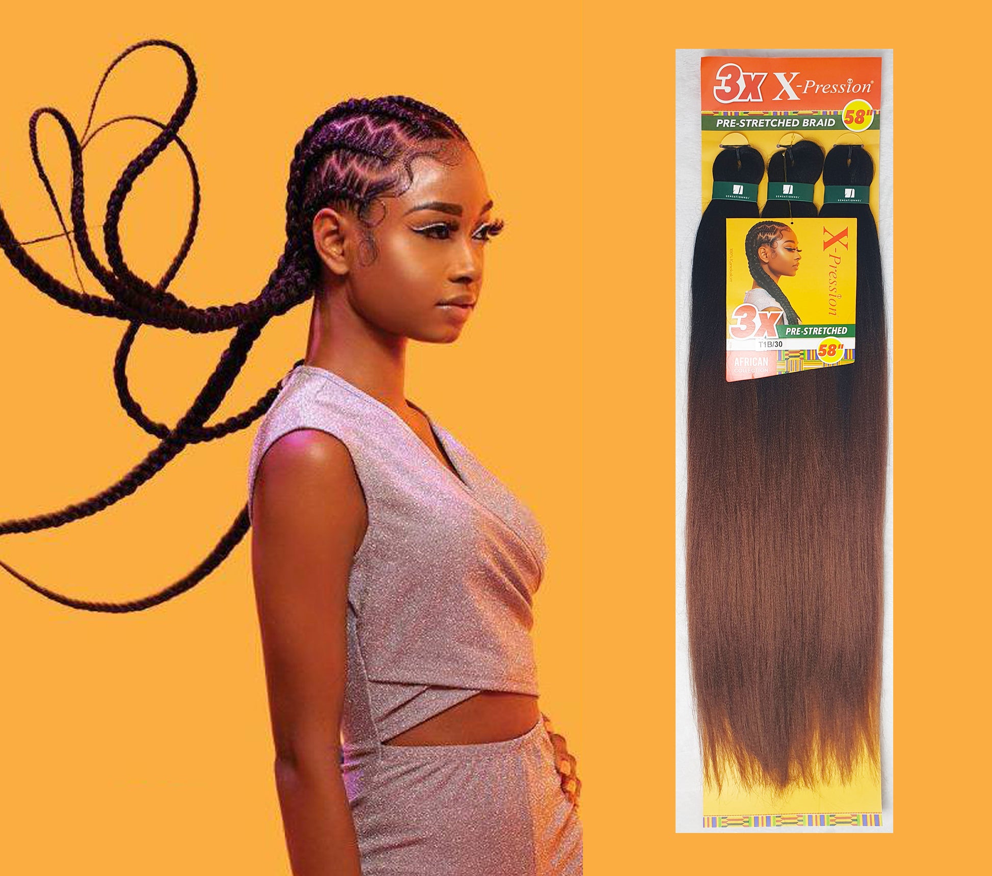 3 x X-Pression Pre-Stretched Braid 58" Color T1B/30 BLACK/ AUBURN OMBRE